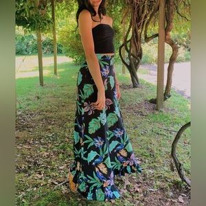 Zara tropical floral black wide leg pants - ruffle hem